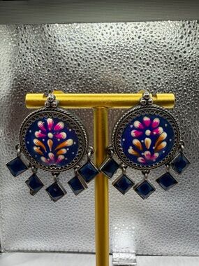 Hand-Painted Blue Floral Drop Earrings - Oxidized Silver toned